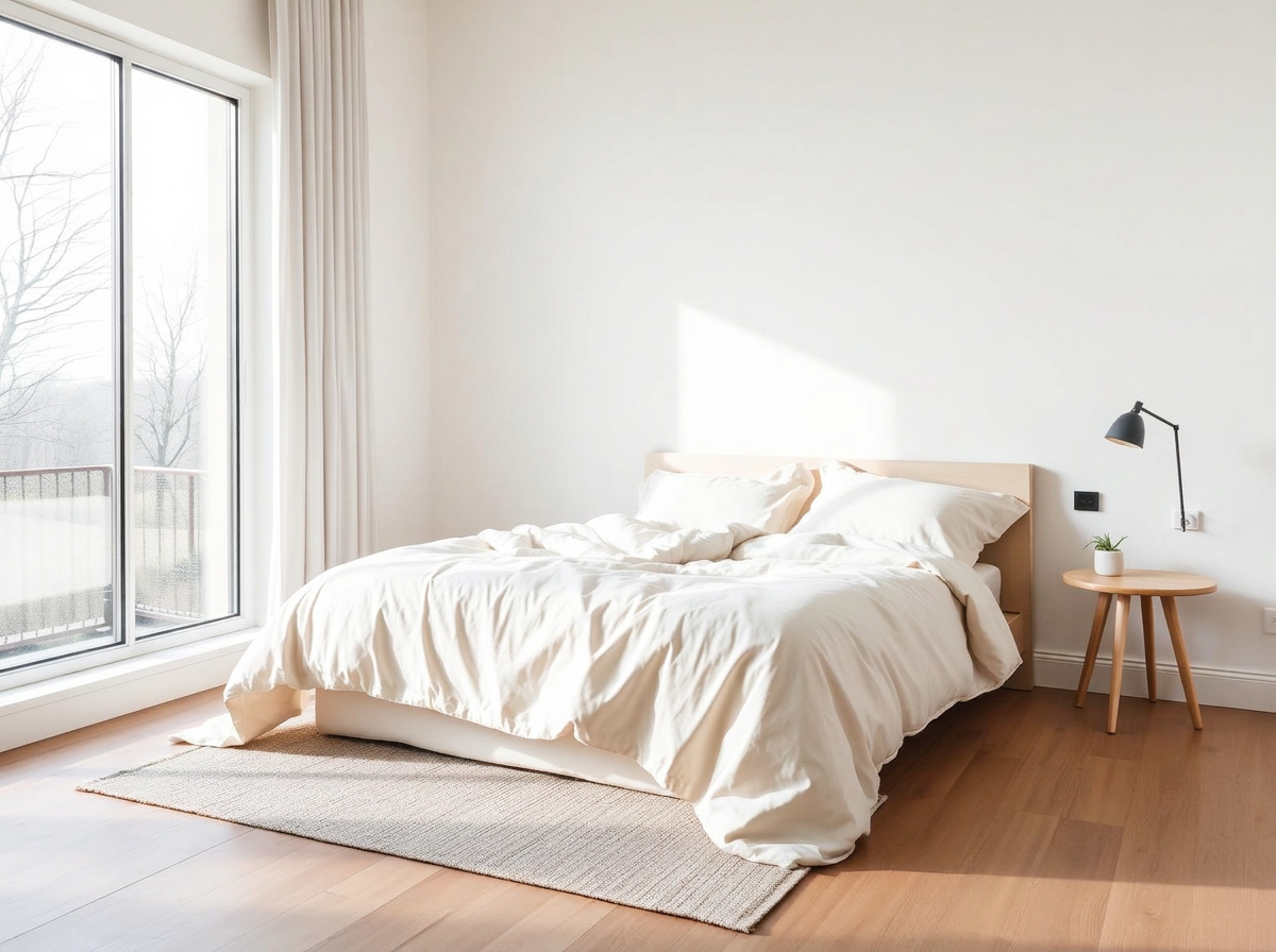 Minimalistiskt sovrum i morgonljus