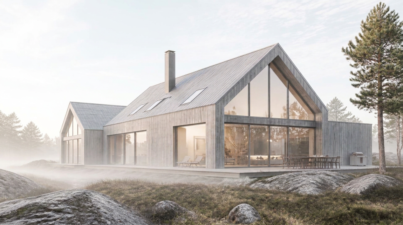 Nybyggd svensk villa i tidigt morgonljus